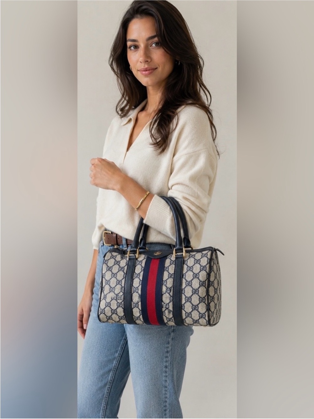 Vintage Gucci Accessories Sherry Line Navy Blue Boston Bag